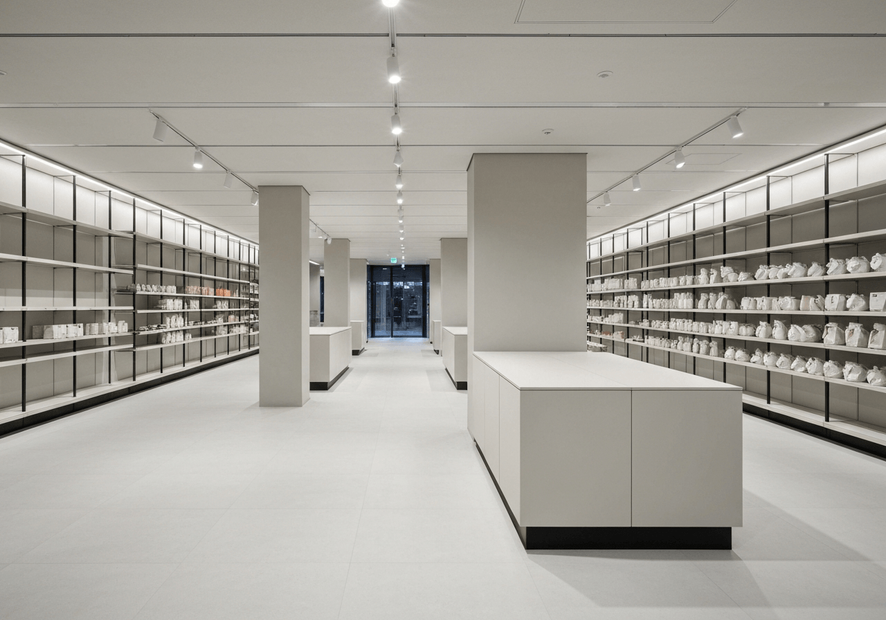 A professional assessment of a clean retail space, minimalist interior, modern logistics integration, editorial photography, soft natural light, 85mm lens, highly detailed, professional atmosphere, no text, no words, no letters