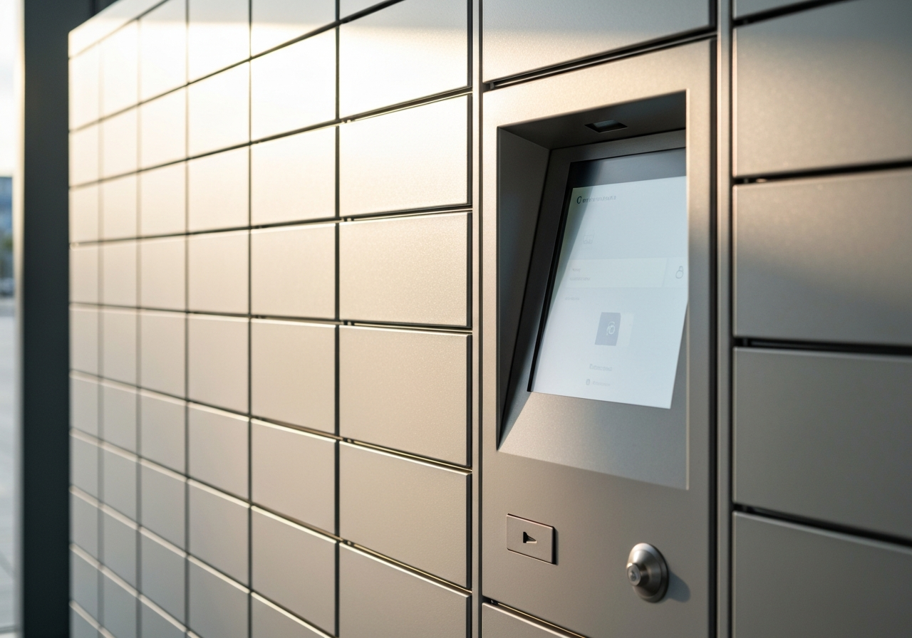 A close-up, high-quality editorial shot of a modern, clean parcel locker station with a digital touchscreen interface, urban setting, soft morning natural light, 85mm lens, professional depth of field, minimalist design, no text, no letters.