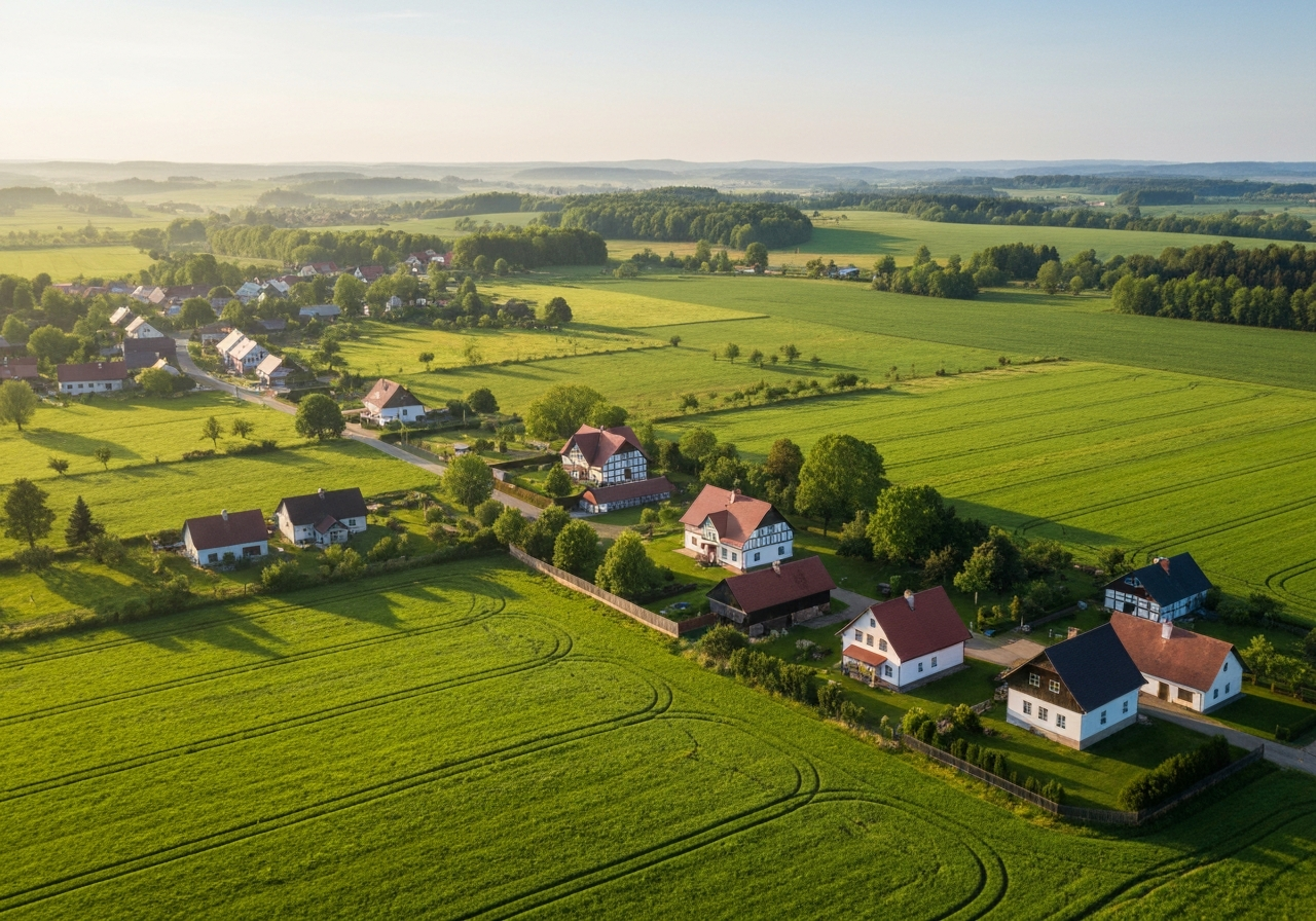 A high-angle aerial view of the Moravian countryside near Dolní Němčí, lush green fields and traditional village architecture, soft morning sunlight, cinematic lighting, 85mm lens, premium editorial photography, no text, no letters.
