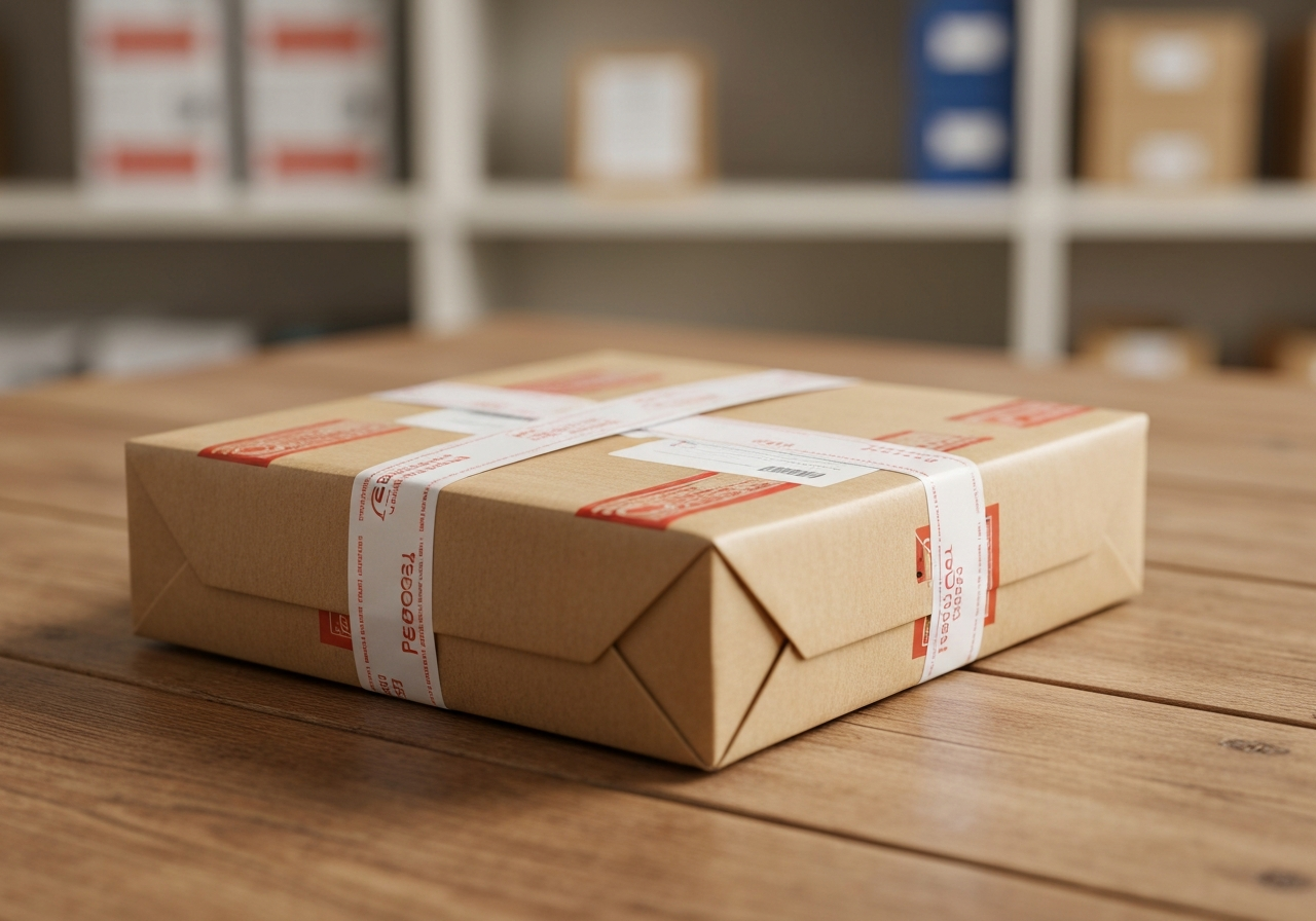 Close-up of a neatly addressed parcel on a rustic wooden table in a well-lit post office, professional photography, soft natural light, shallow depth of field, 85mm lens, highly detailed, no text, no words, no letters