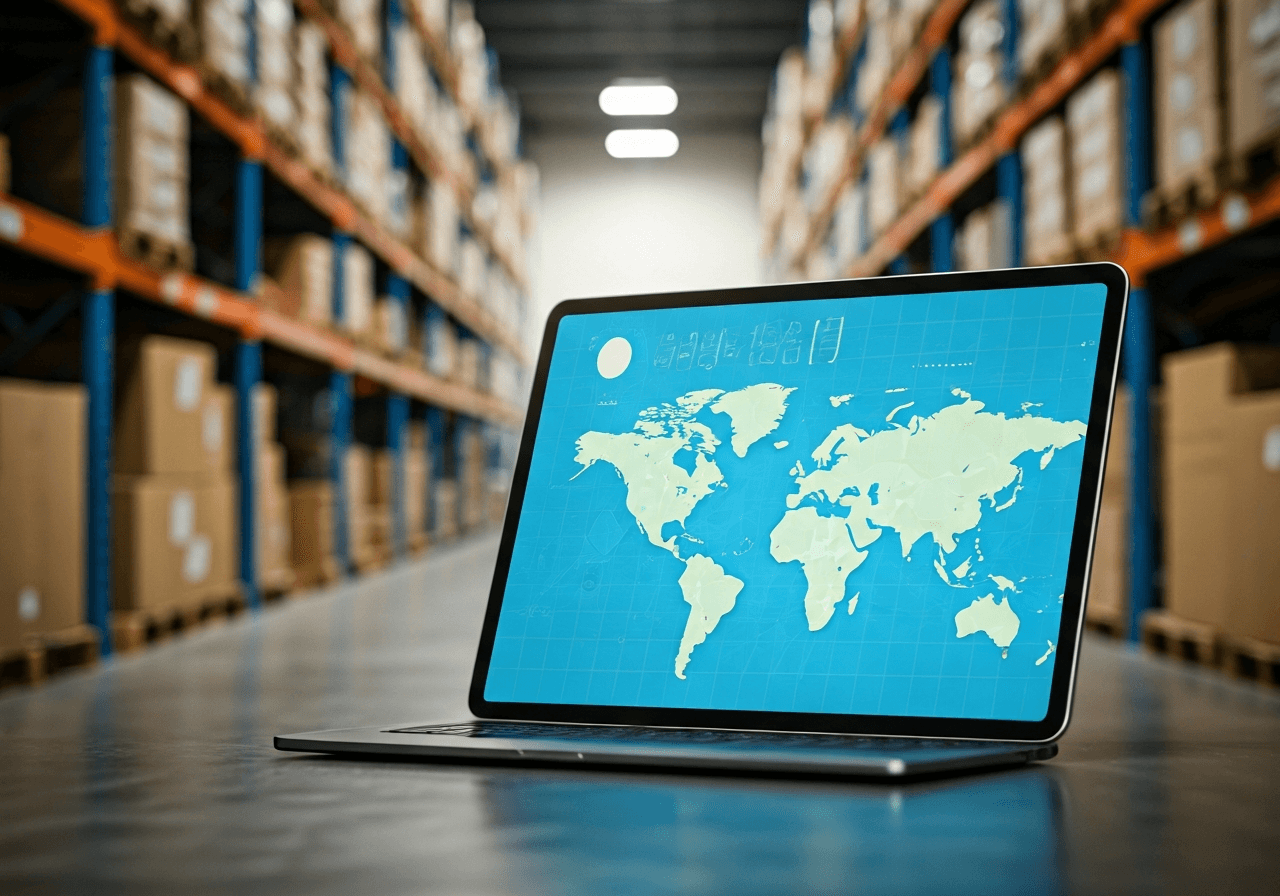 A professional logistics warehouse with organized packages and a digital map overlay on a tablet screen, modern, clean, editorial photography, soft natural light, 85mm lens, no text, no words, no letters