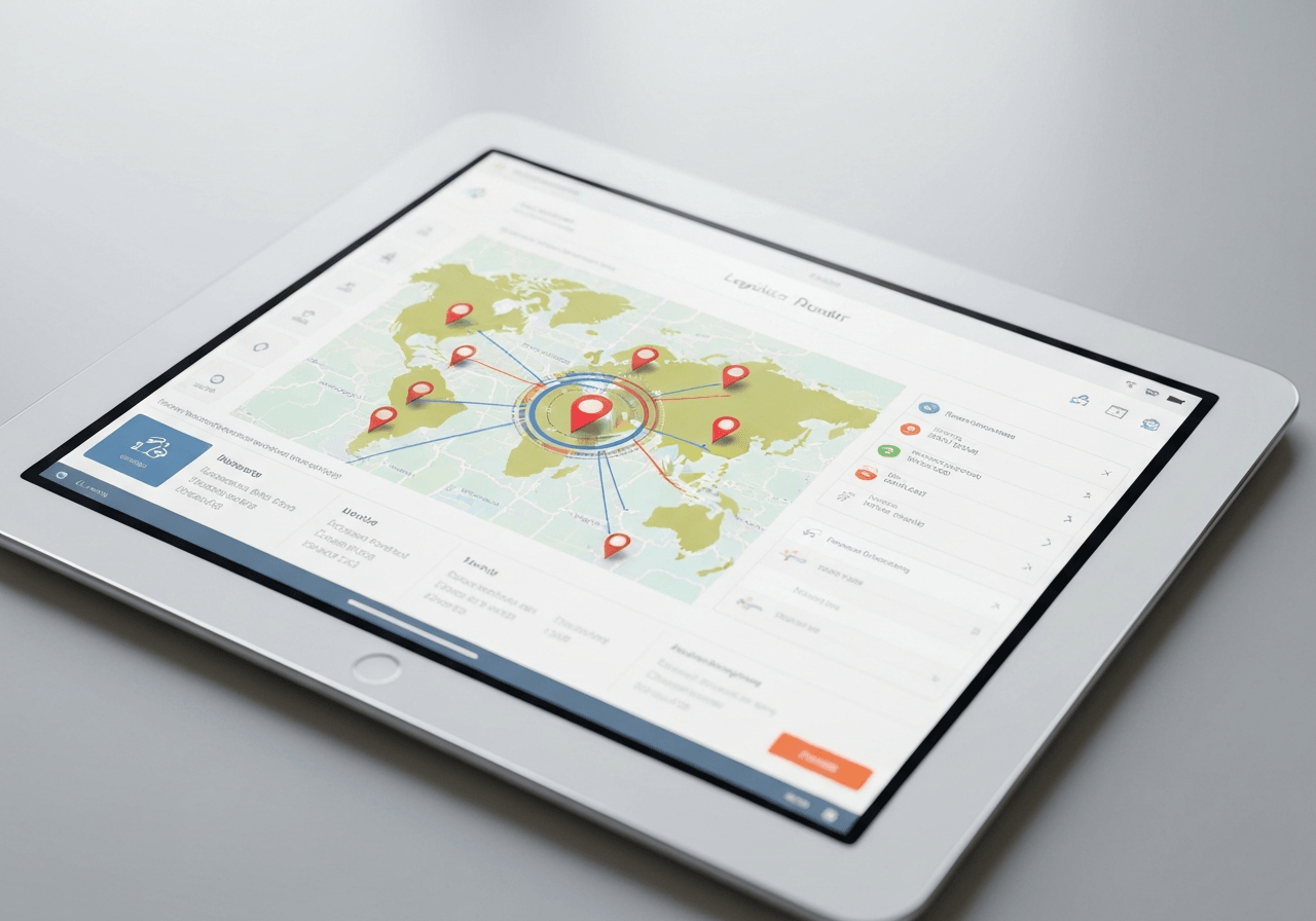 A professional logistics dashboard displayed on a sleek glass tablet screen, showing interactive map pins and complex postal routing networks, modern, clean, editorial photography, soft natural light, 85mm lens, highly detailed, no text, no letters.