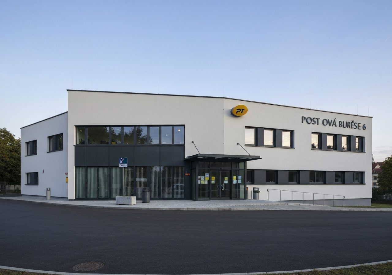 A professional, modern exterior view of the post office building at Buresova 6, clean architectural photography, soft natural daylight, 85mm lens, high resolution, professional composition, no text, no words, no letters.