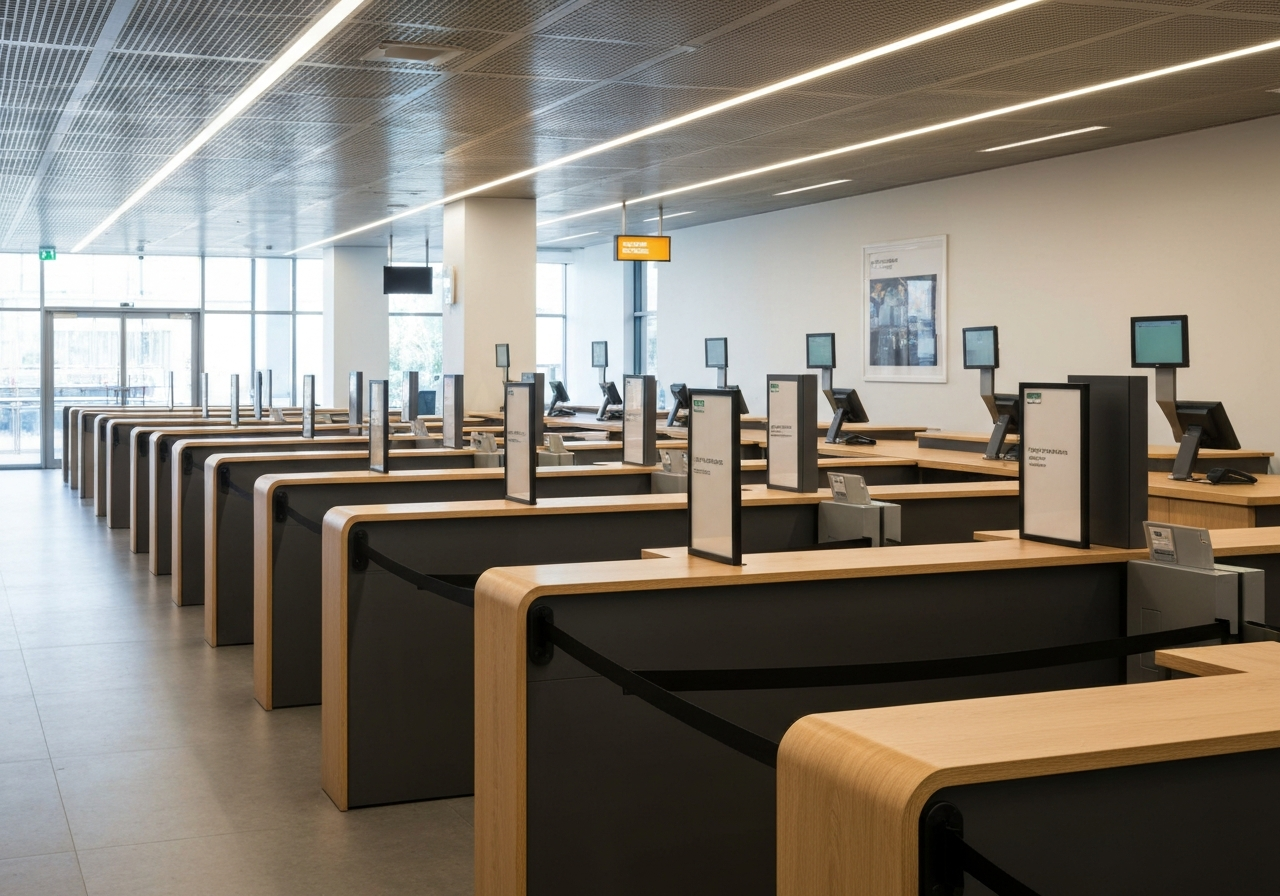 A professional shot of a organized post office interior with modern queues, clean lines, soft natural lighting, high-end editorial photography, 85mm lens, no text, no letters