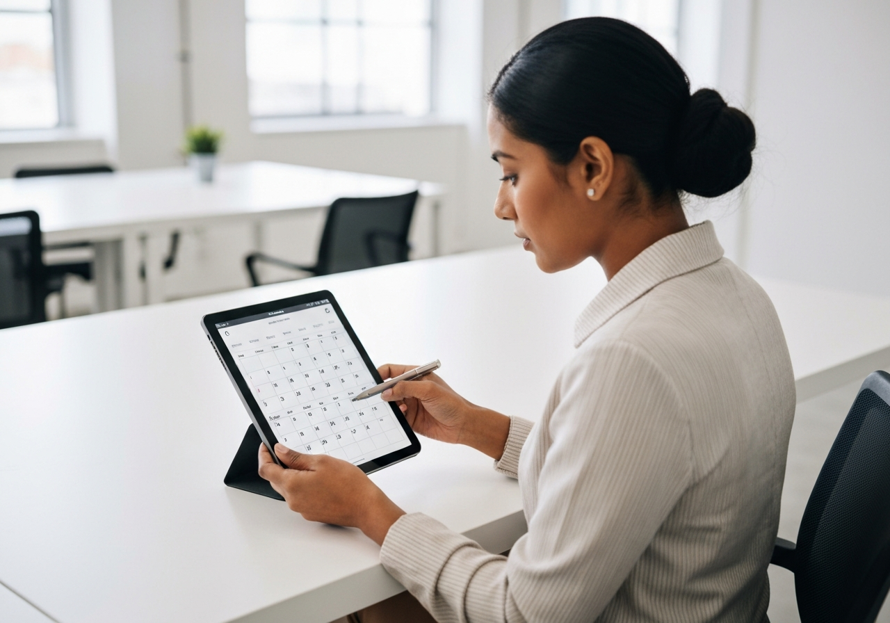 Editorial photography, a professional looking at a digital tablet with a clear calendar schedule in a bright, modern office space, soft natural light, 85mm lens, high resolution, clean background, no text, no words, no letters