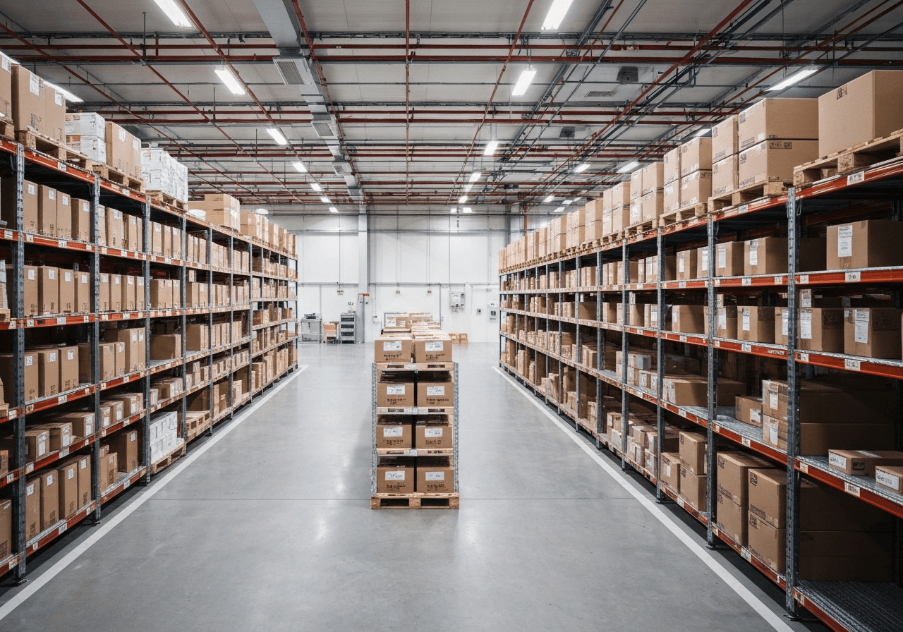 A professional logistics facility showing a modern, high-tech distribution center with sorted packages, clean industrial environment, cinematic editorial photography, soft natural light, 85mm lens, high resolution, no text, no words, no letters