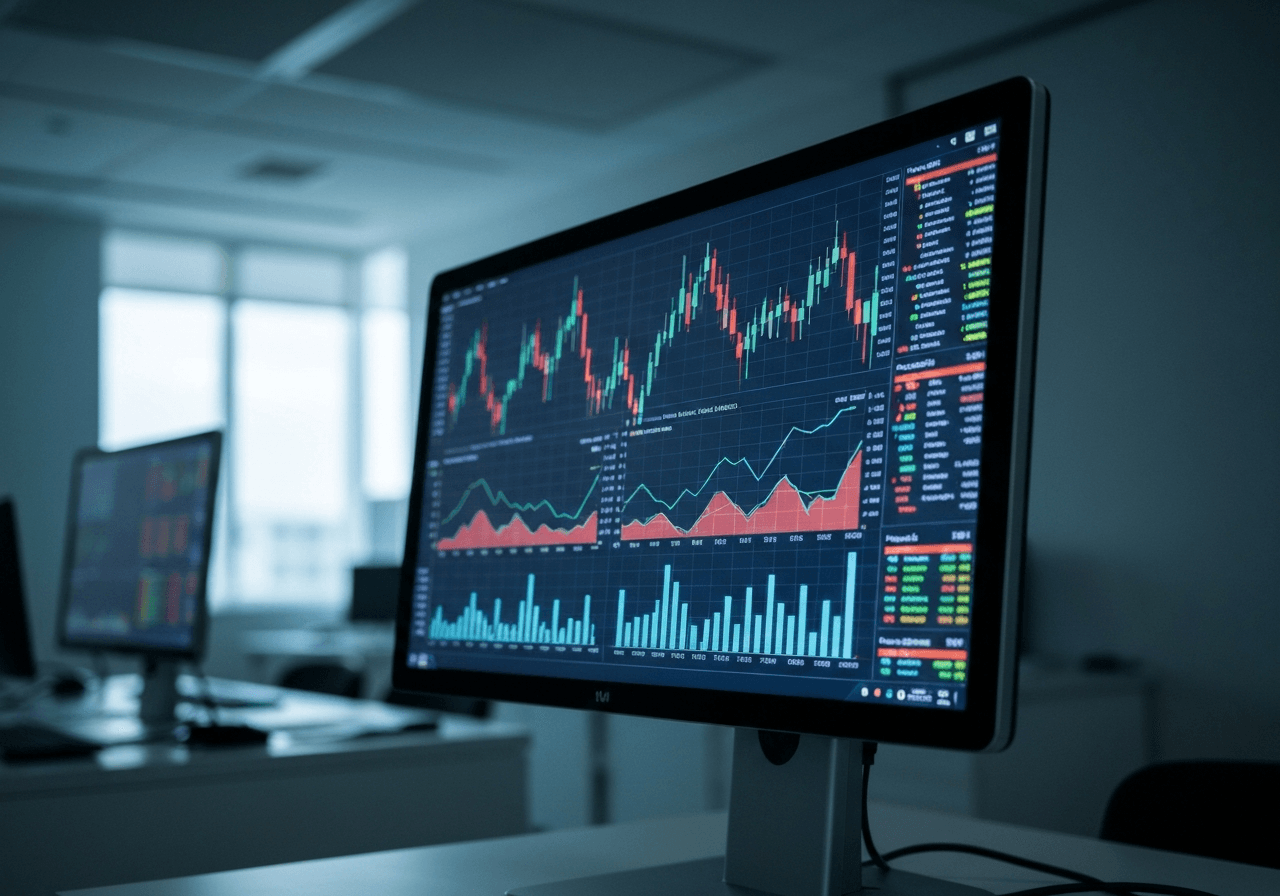 A professional stock market terminal screen showing complex financial charts and global logistics data, modern clean office interior background, editorial photography, cinematic lighting, shallow depth of field, 85mm lens, no text, no words, no letters