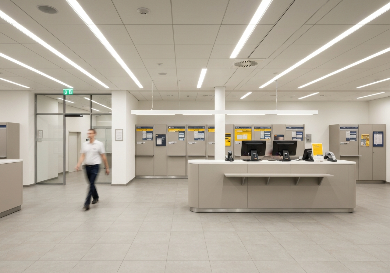 A professional, modern post office interior in the Czech Republic, clean architecture, neutral tones, blurred postal worker in the background, cinematic lighting, 85mm lens, high quality, editorial style, no text, no words, no letters.