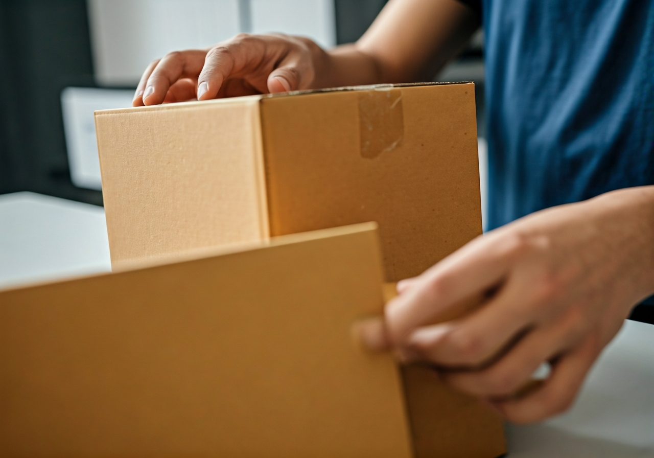 A close-up, high-quality editorial shot of a professional postal worker's hands sorting parcels at a clean, modern logistics counter, bright natural interior lighting, 85mm lens, depth of field, premium aesthetic, no text, no words, no letters