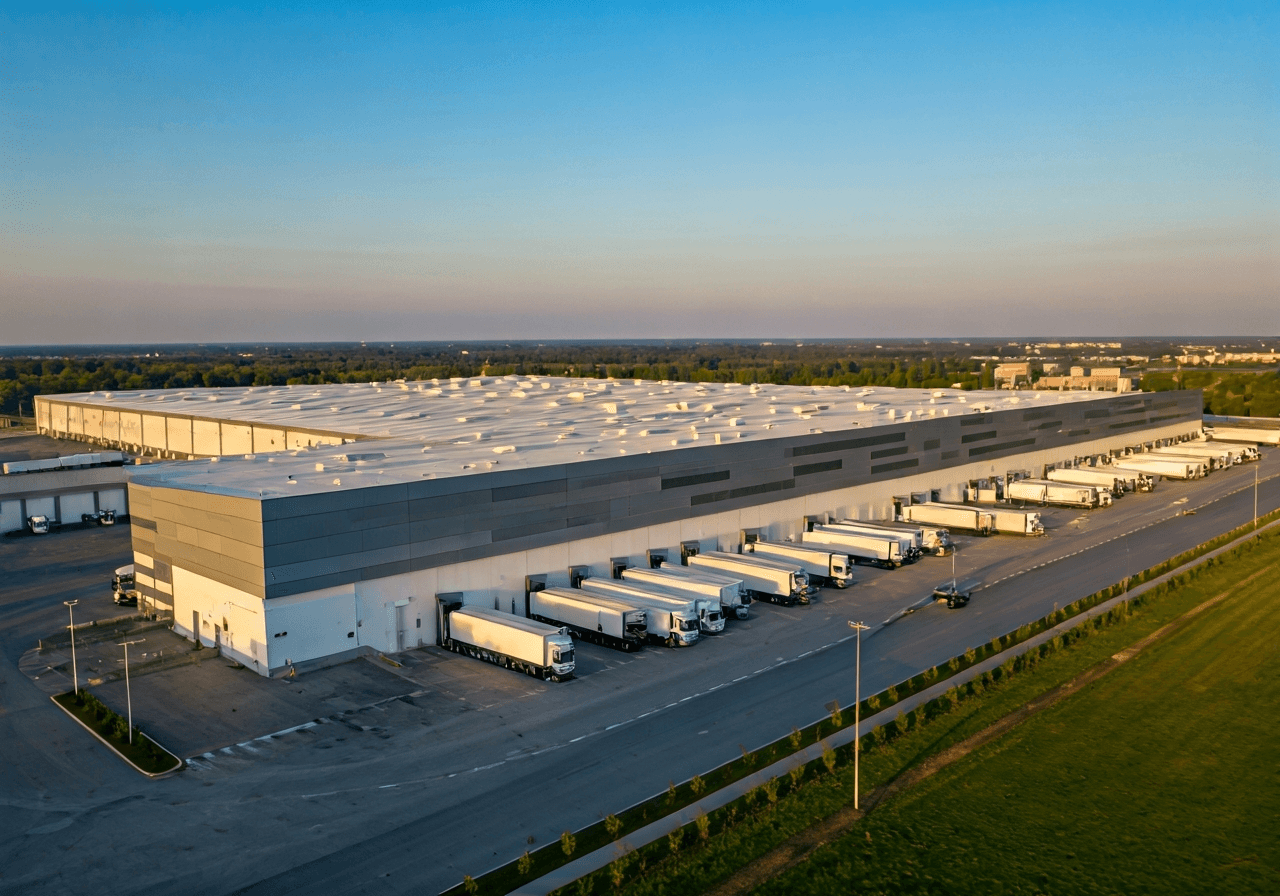 Aerial view of a modern logistics center in Ostrava, clean industrial architecture, numerous delivery trucks parked in organized bays, soft morning sunlight, high-end editorial photography, 85mm lens, no text, no letters
