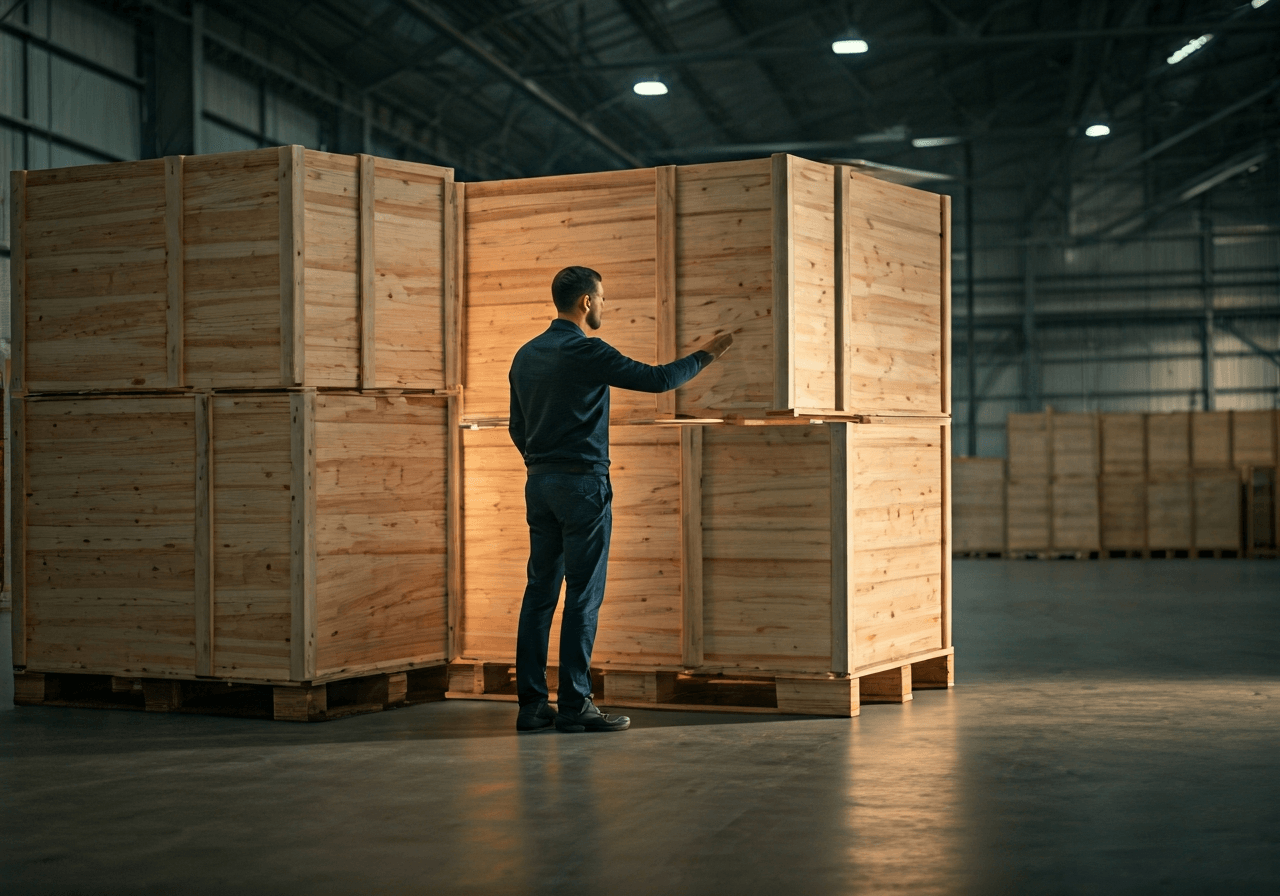 A professional logistics worker inspecting wooden crates in a spacious, modern warehouse, industrial setting, aesthetic editorial photography, soft natural light, 85mm lens, highly detailed, no text, no letters