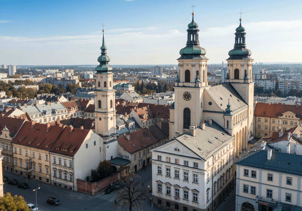 Aerial view of the historical city center of Ostrava, modern architectural details blending with classic buildings, editorial photography, soft natural light, 85mm lens, high resolution, no text, no words, no letters
