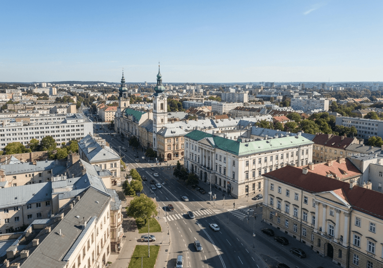 Aerial view of Ostrava city center streets, clean urban architecture, modern city life, editorial photography, soft natural daylight, 85mm lens, high resolution, no text, no letters
