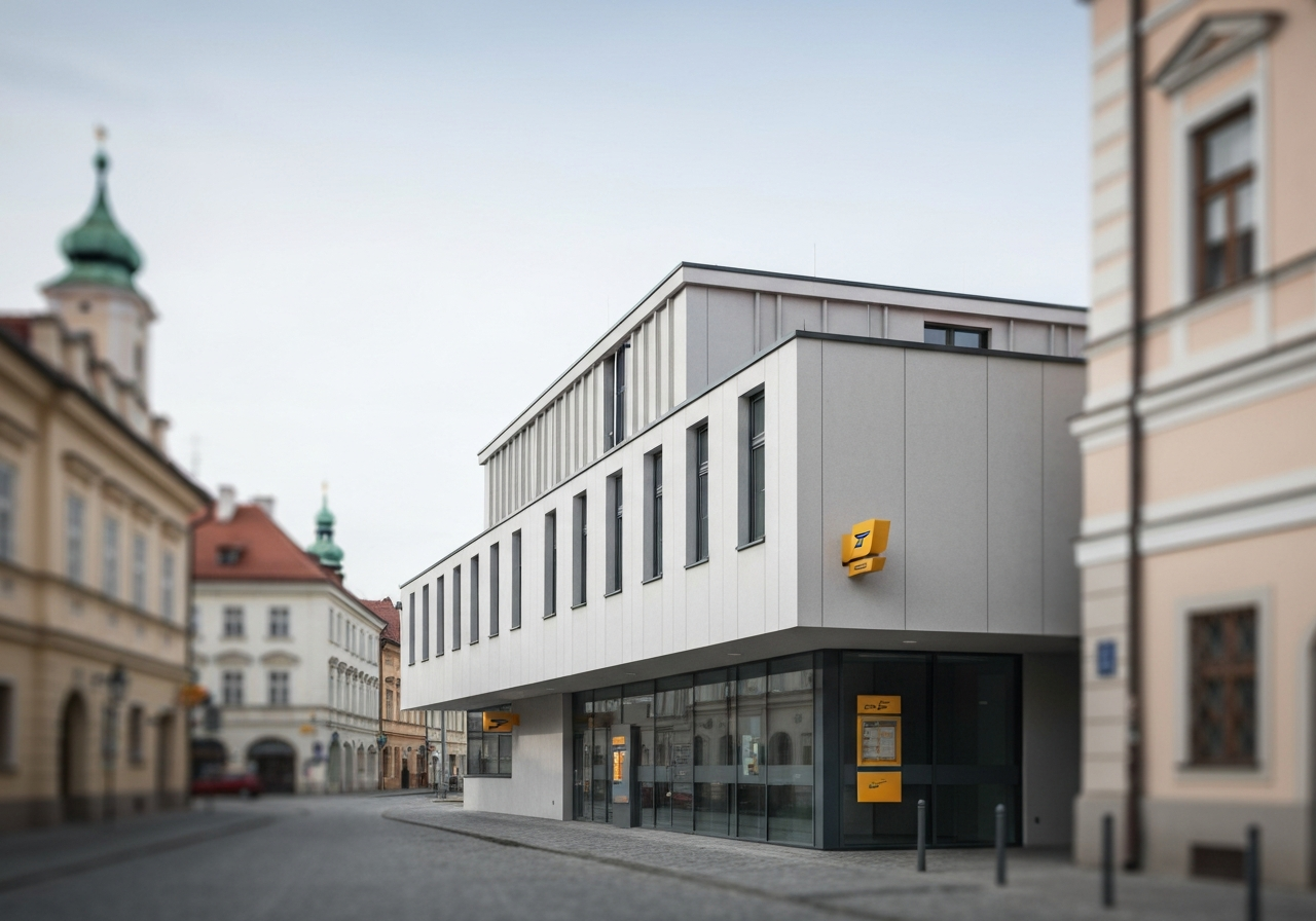 A professional, modern facade of a Czech post office branch in a historic European town, clean lines, high-quality editorial photography, soft natural daylight, shallow depth of field, 85mm lens, no text, no words, no letters.