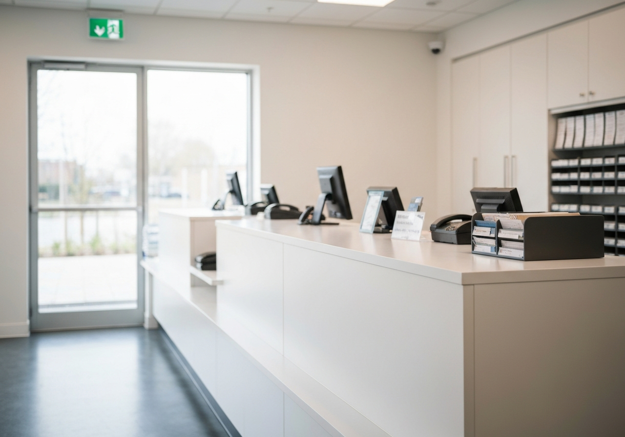 A professional, organized postal interior with a clean counter, soft natural light streaming through windows, modern aesthetic, high-end editorial photography, shallow depth of field, 85mm lens, no text, no words, no letters.