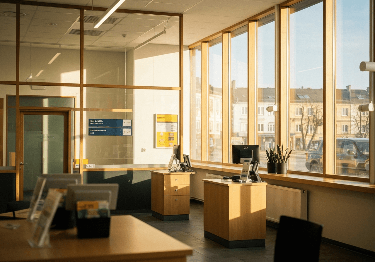 A professional, modern post office interior in Brno, clean lines, minimalist aesthetic, warm sunlight streaming through large windows, high-end editorial photography, 85mm lens, depth of field, no text, no words, no letters
