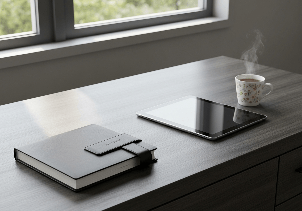 A clean, minimalist office desk featuring a high-end planner, a professional digital tablet, and a cup of organic herbal tea, soft natural morning light, editorial photography style, 85mm lens, high resolution, no text, no letters