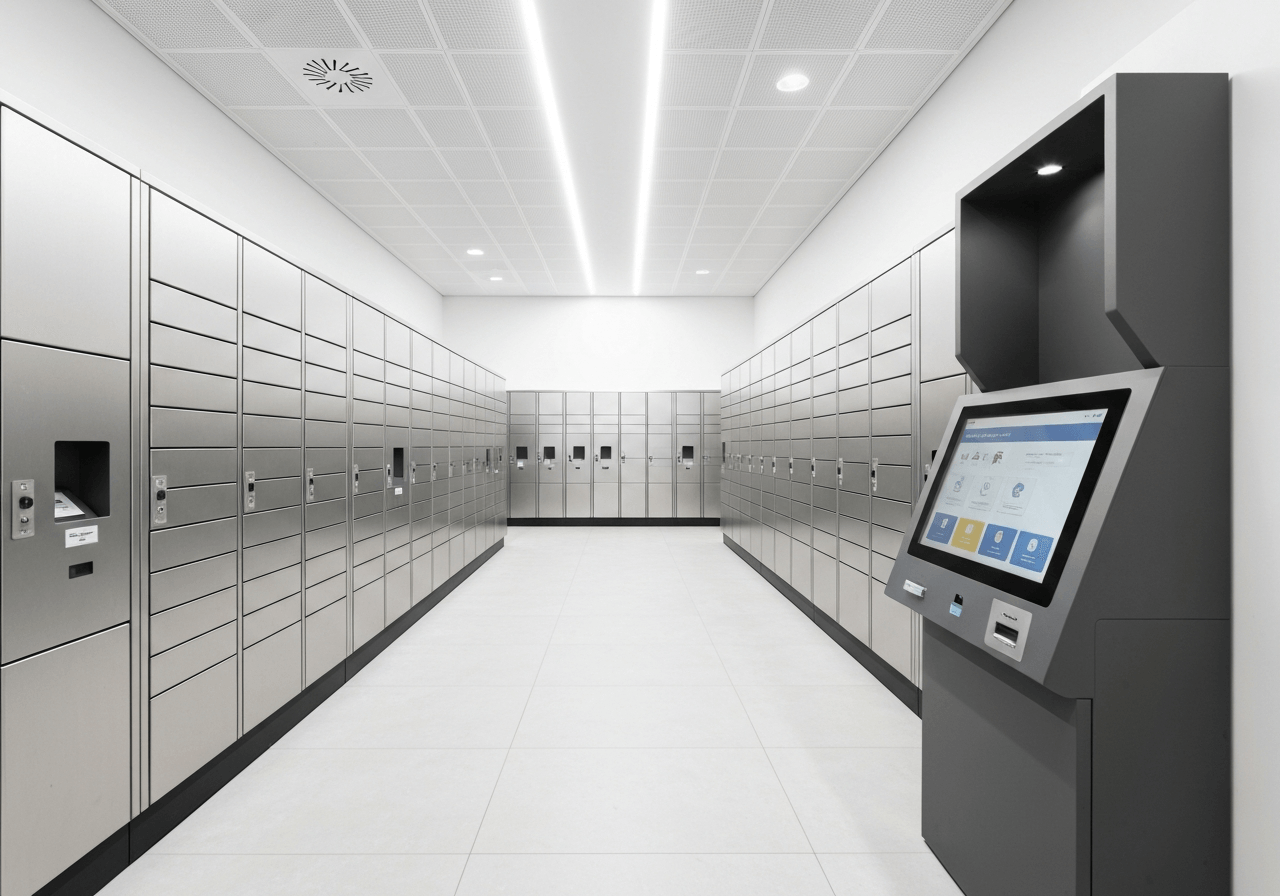 A modern, minimalist self-service luggage locker facility in a bright, clean transit hub in Prague, featuring rows of sleek lockers and a digital interface kiosk, editorial photography, soft natural light, 85mm lens, highly detailed, no text, no letters