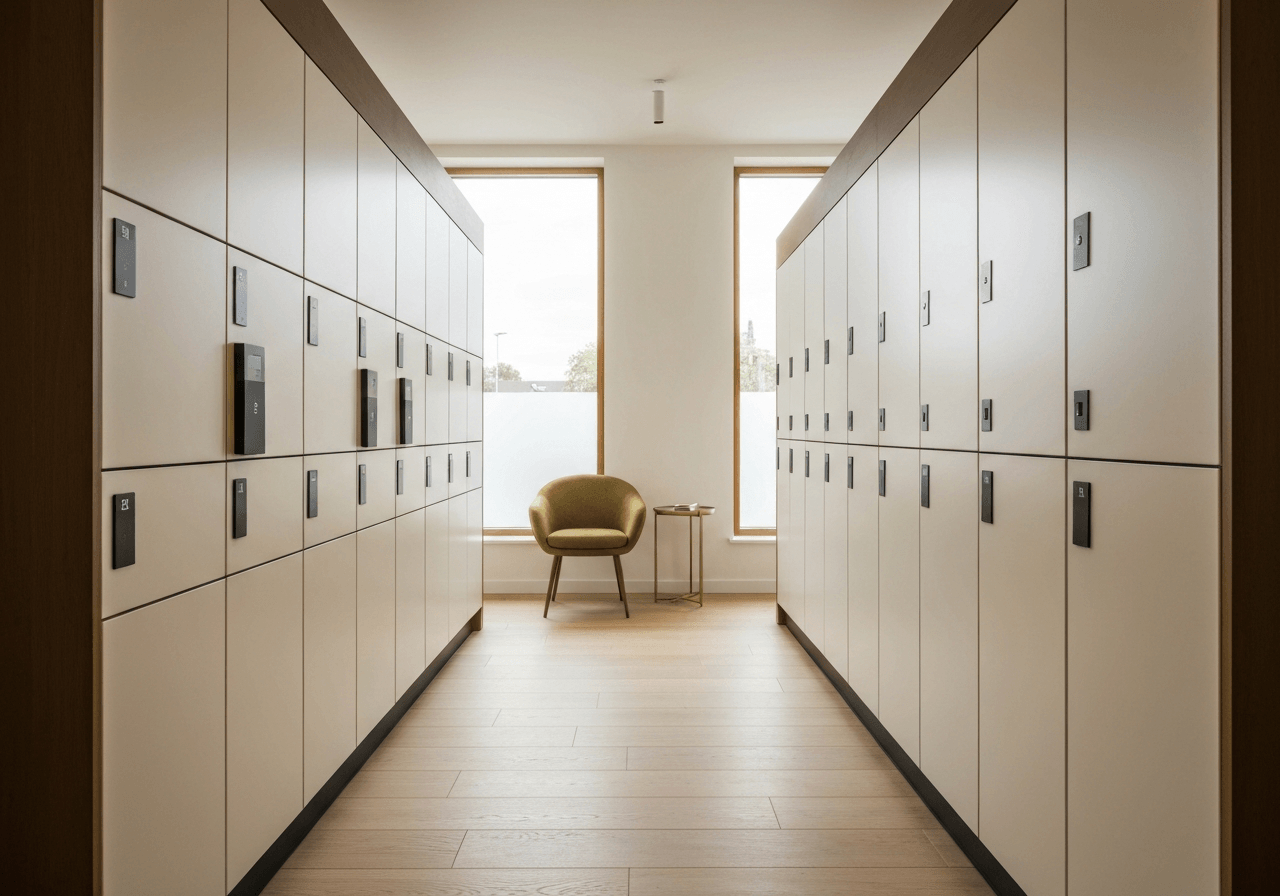 A professional, secure luggage storage facility with modern lockers, clean aesthetic, high-end interior, soft natural light, editorial photography style, 85mm lens, depth of field, no text, no words, no letters