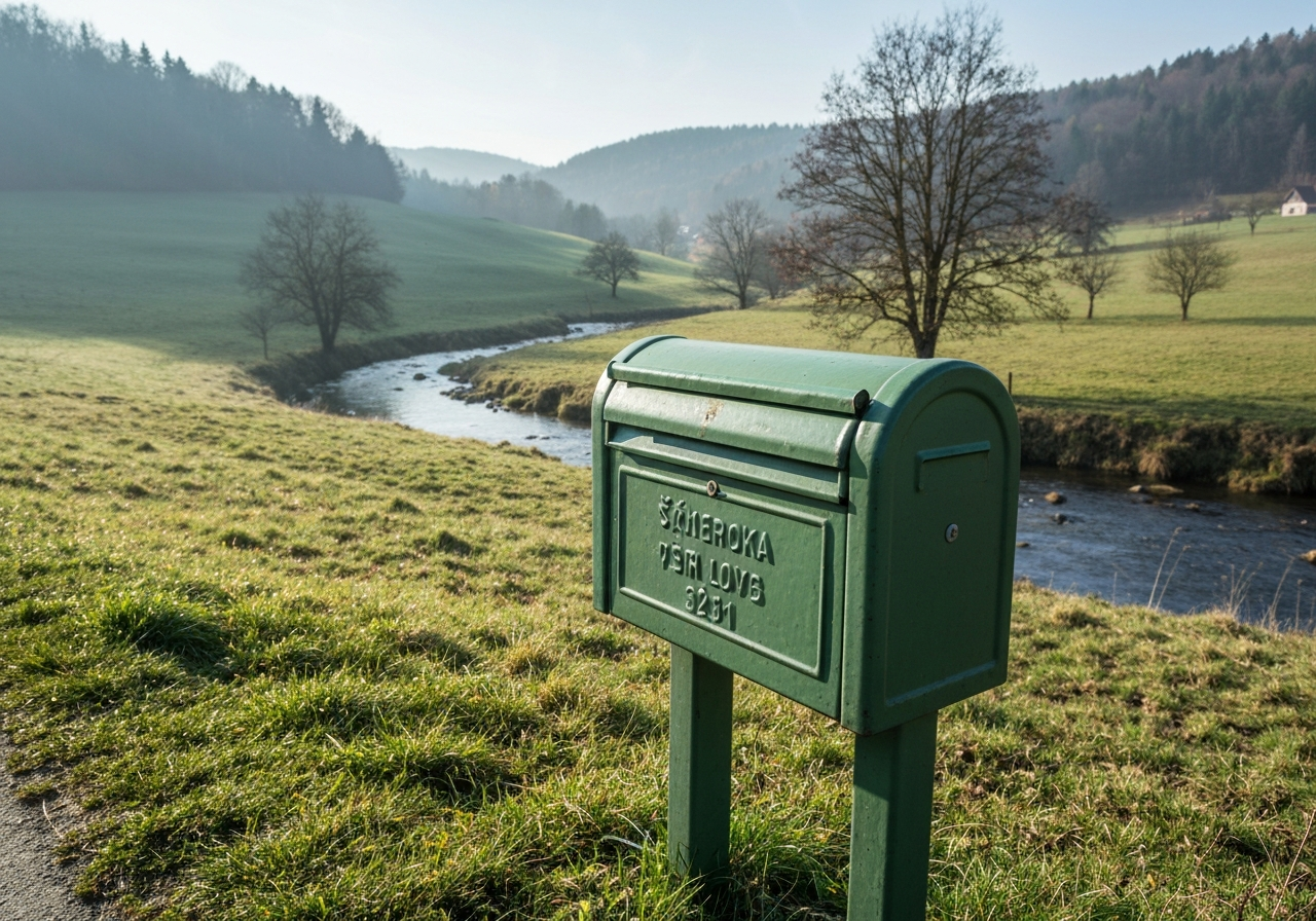 A high-quality editorial shot of a vintage Czech mailbox in a rural landscape, surrounded by soft morning light, 85mm lens, focus on the texture of the metal, clean aesthetic, no text, no letters