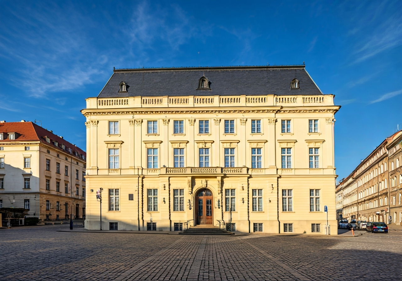 Exterior view of a classic Czech post office building located on a historic town square, sunny weather, architectural photography, soft natural light, 85mm lens, high quality, no text, no letters
