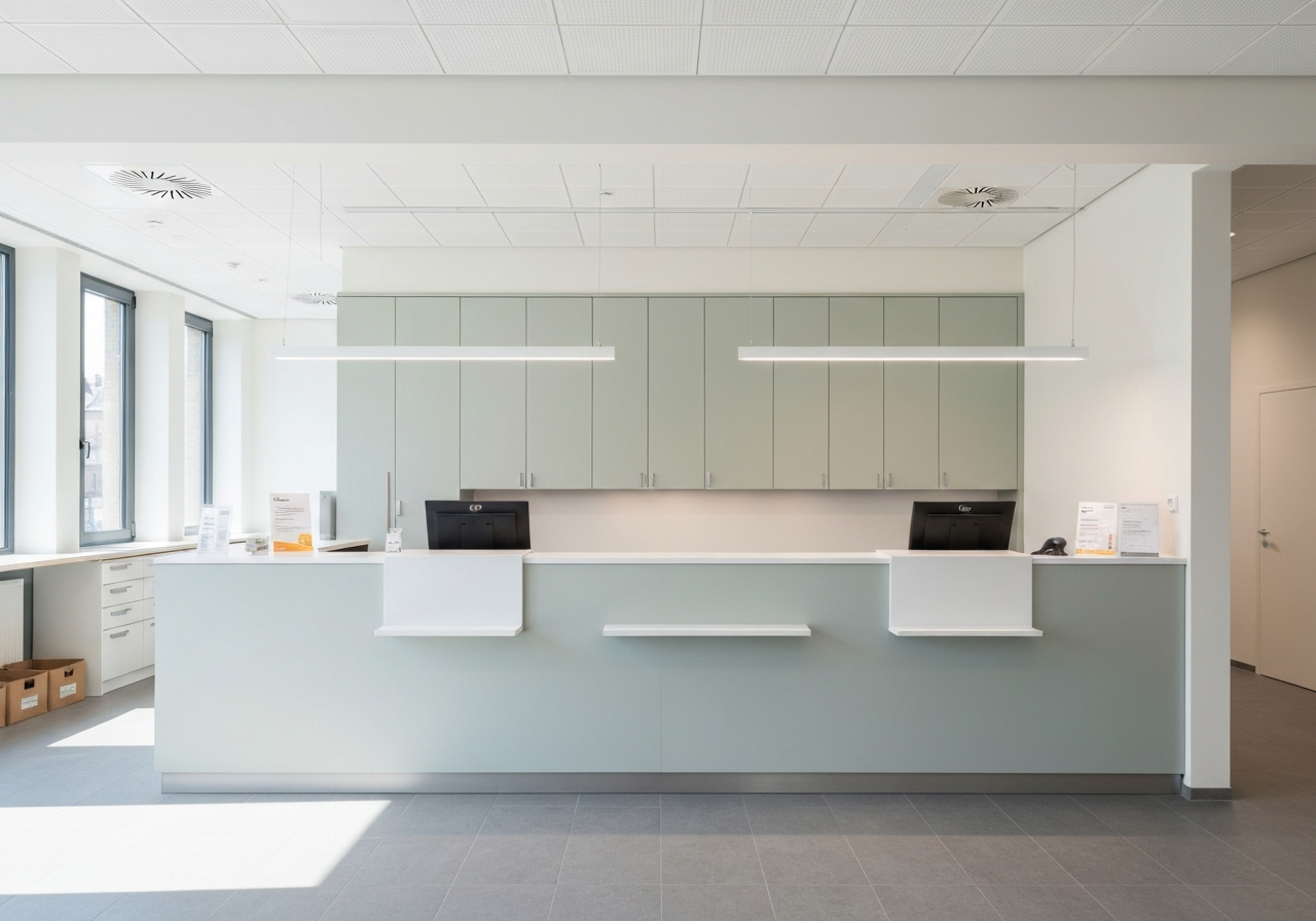 A professional, clean postal service counter in a modern, light-filled office space in Bechyně, editorial photography, soft natural light, 85mm lens, minimalist aesthetic, no text, no words, no letters