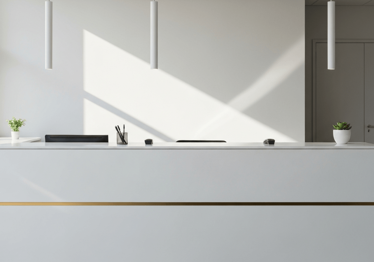 A clean, minimalist view of a modern post office service desk, professional atmosphere, soft natural morning light, 85mm lens, high quality editorial aesthetic, no text, no words, no letters.