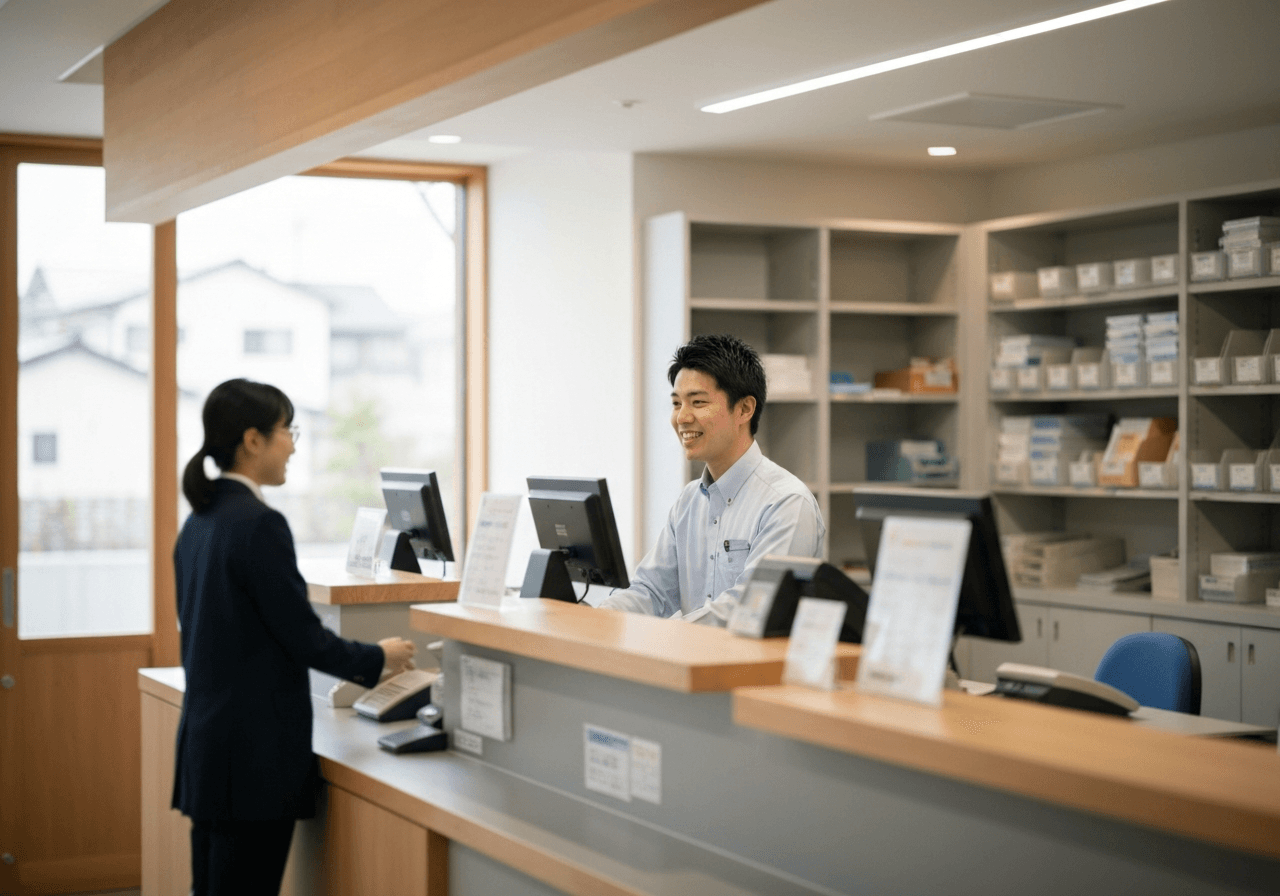 A local post office counter in a modern, quiet residential setting, blurred background of organized shelves, clean aesthetic, soft natural light streaming through a window, 85mm lens, professional editorial style, no text, no words, no letters