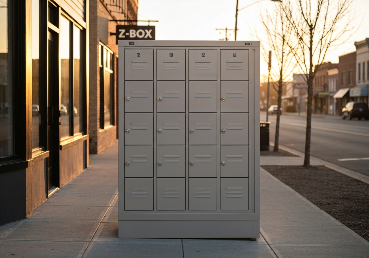 A modern Z-BOX locker unit standing on a clean sidewalk in a small town during golden hour, editorial photography, soft natural light, shallow depth of field, 85mm lens, highly detailed, no text, no words, no letters.