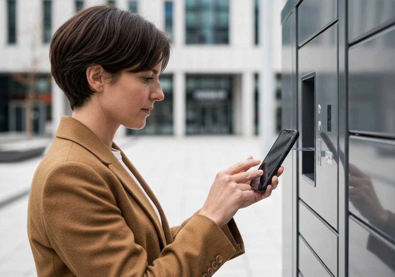 Close-up of a person holding a smartphone near a modern automated delivery locker, clean urban setting, editorial photography, soft natural light, 85mm lens, highly detailed, no text, no words, no letters