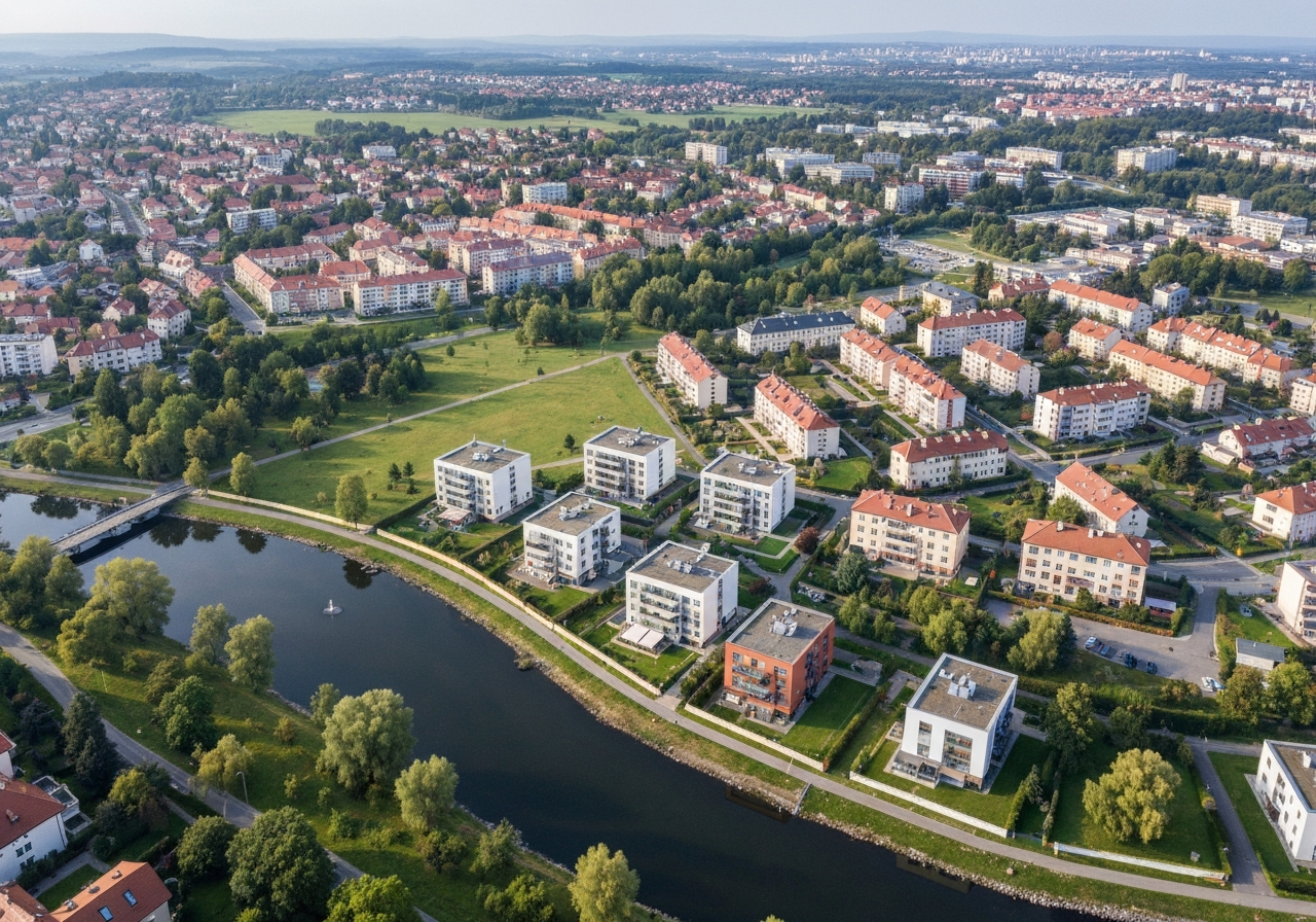 Aerial view of the Hostivař district in Prague, showing the mix of modern residential buildings, green parks, and the reservoir, editorial photography, wide angle, soft morning light, 85mm lens, high resolution, no text, no letters