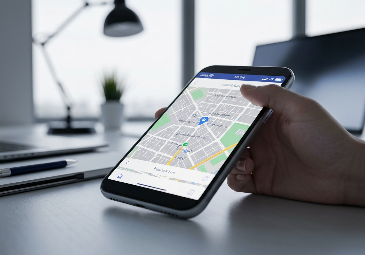 Close-up of a digital map interface on a smartphone screen showing postal delivery zones in a city, modern office desk setting, professional data logistics aesthetic, soft natural light, 85mm lens, high resolution, no text, no words, no letters