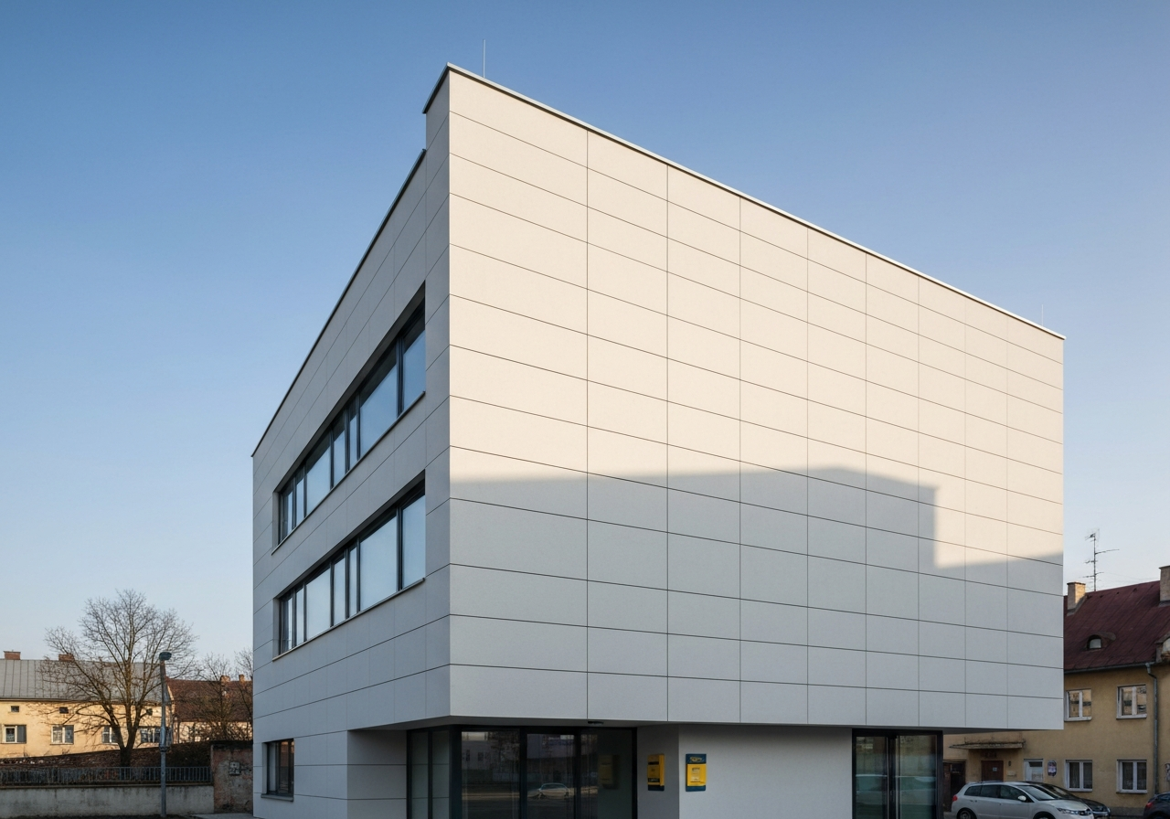 Exterior view of a modern Czech Post office building, clean architectural lines, urban setting in Havířov, daylight, editorial photography style, soft shadows, 85mm lens, high resolution, no text, no words, no letters.