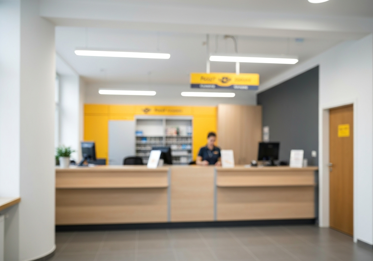 A high-quality interior shot of a modern, clean post office service desk in Havířov, blurred background showing customer service efficiency, professional and bright atmosphere, 85mm lens, soft natural lighting, editorial aesthetic, no text, no words, no letters.