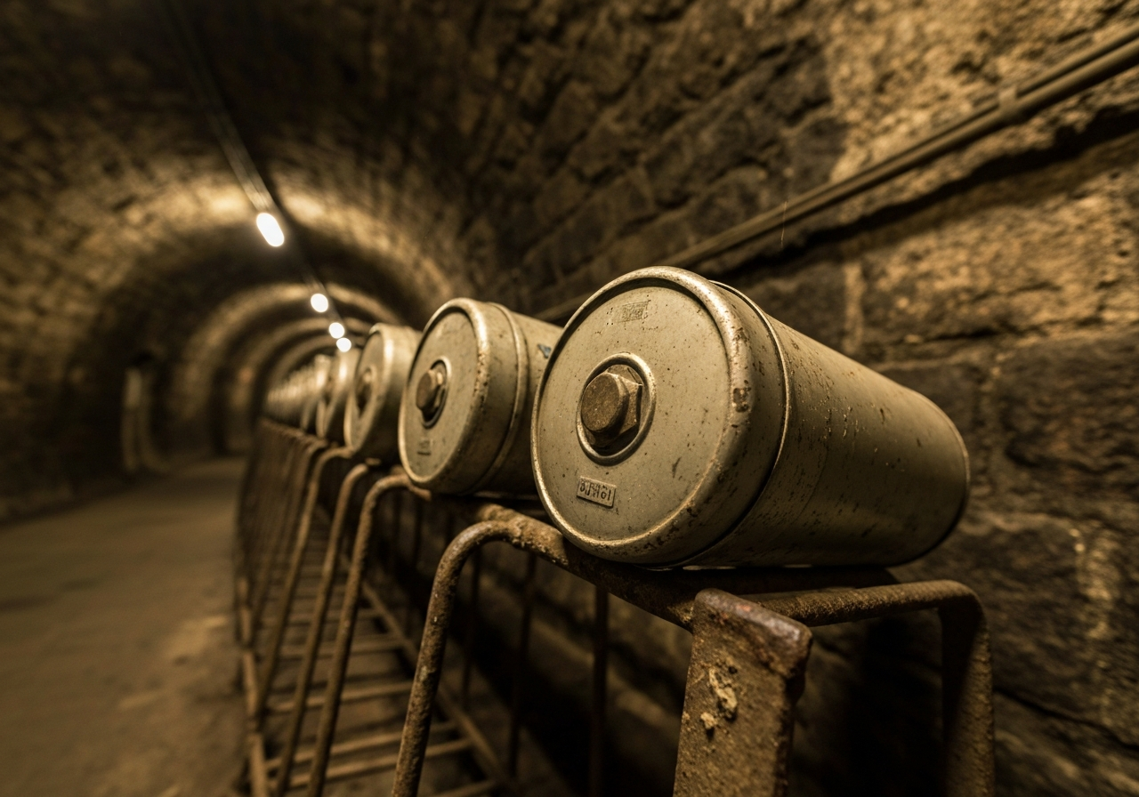 A detailed, low-angle shot of vintage pneumatic tube postal canisters resting on a historic metal rack, blurred underground Prague tunnel background, industrial aesthetic, cinematic lighting, 85mm lens, high resolution, no text, no words, no letters
