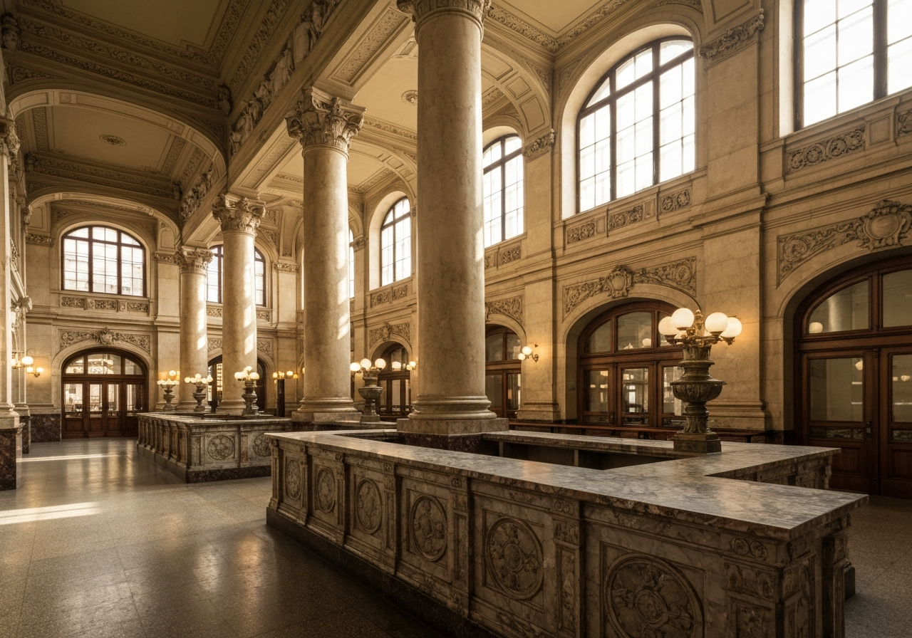 Editorial photography, the grand historical interior of the main post office in Jindřišská street, ornate neo-renaissance architecture, marble counters, soft natural light streaming through high windows, 85mm lens, high resolution, no text, no letters
