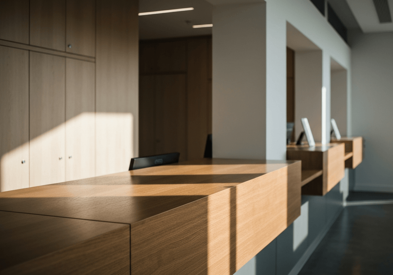 Professional shot of a modern Czech post office counter, clean minimalist architecture, soft natural light reflecting on wooden surfaces, premium editorial aesthetic, 85mm lens, high resolution, no text, no words, no letters