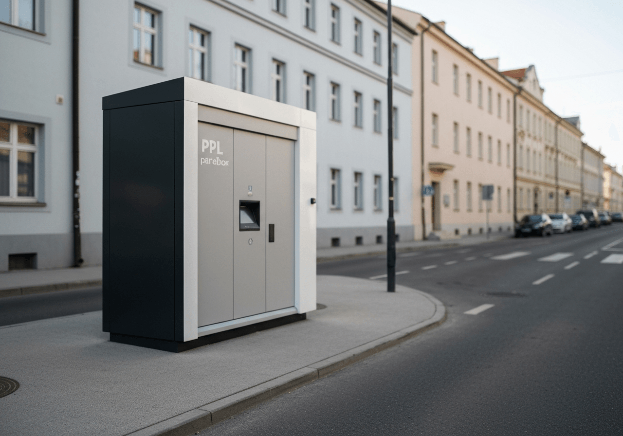 A sleek, modern PPL Parcelbox terminal located on a clean urban street in Dvůr Králové, architectural photography, soft natural daylight, shallow depth of field, high-end editorial aesthetic, no text, no words, no letters.