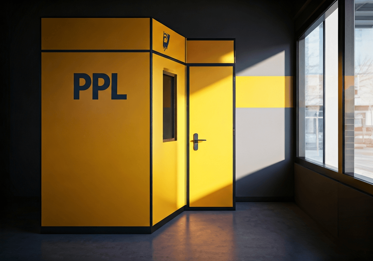 A modern parcel delivery point featuring a blend of PPL and Czech Post branding, clean interior, minimalist aesthetic, warm soft morning sunlight streaming through the window, shot on 85mm lens, high quality, professional photography, no text, no words, no letters
