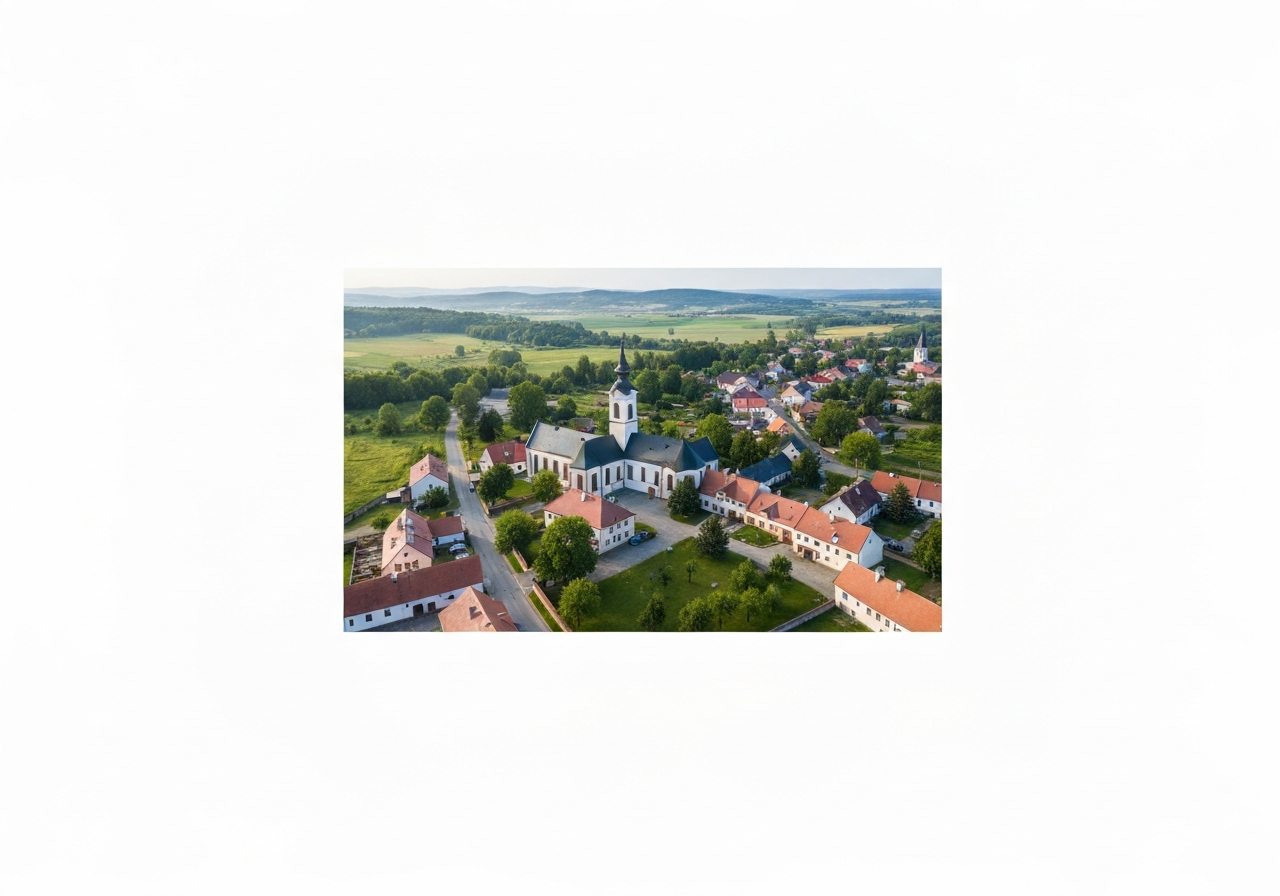 Aerial wide-angle view of Bojkovice, Moravian landscape, lush greenery and historical architecture, editorial photography, soft natural morning light, 85mm lens, high resolution, no text, no words, no letters