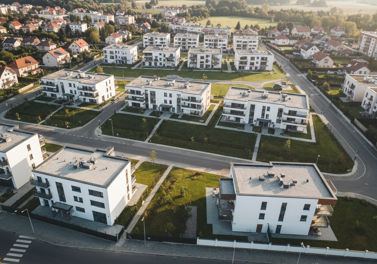 Aerial view of a clean, organized residential neighborhood in Bojkovice during a sunny morning, modern urban planning, editorial photography, soft natural light, 85mm lens, highly detailed, no text, no letters