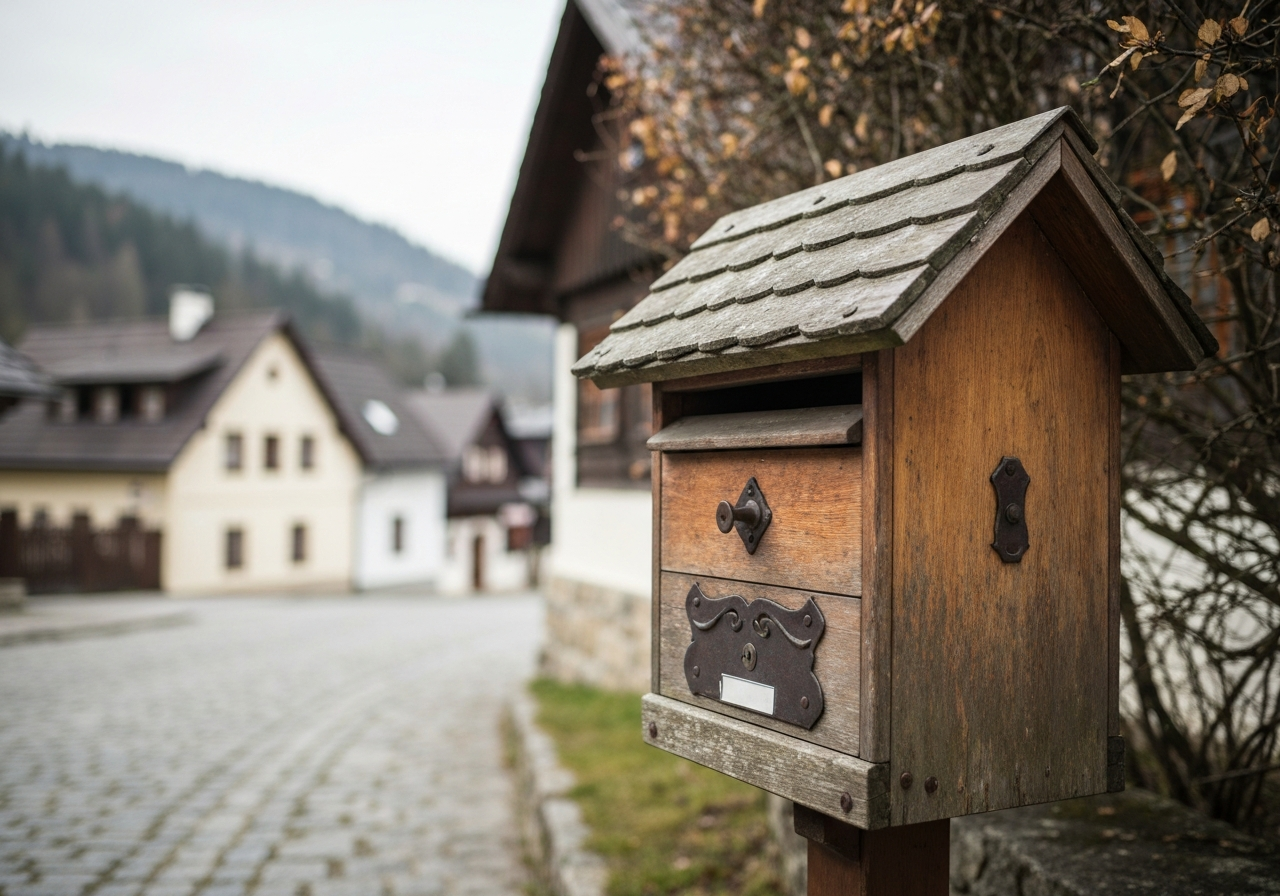 A professional, clean mailbox in a historic mountain town setting in Janské Lázně, editorial photography, soft natural light, 85mm lens, depth of field, no text, no words, no letters.