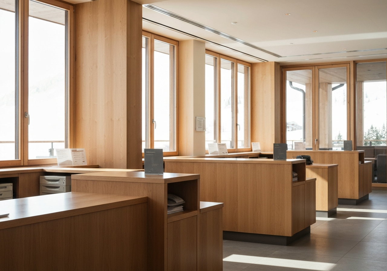 A professional, modern post office interior in a mountain resort, clean wooden textures, soft natural light streaming through large windows, 85mm lens, depth of field, high-end editorial photography style, no text, no words, no letters.
