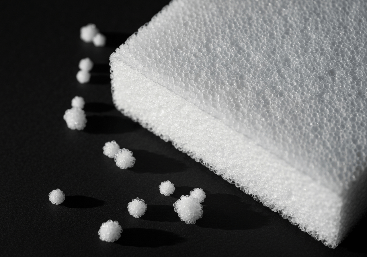 A professional side-by-side comparison of EPS foam pellets structure and XPS dense closed-cell foam block, modern clinical laboratory background, premium editorial photography, soft natural studio lighting, 85mm macro lens, high contrast, depth of field, no text, no words, no letters