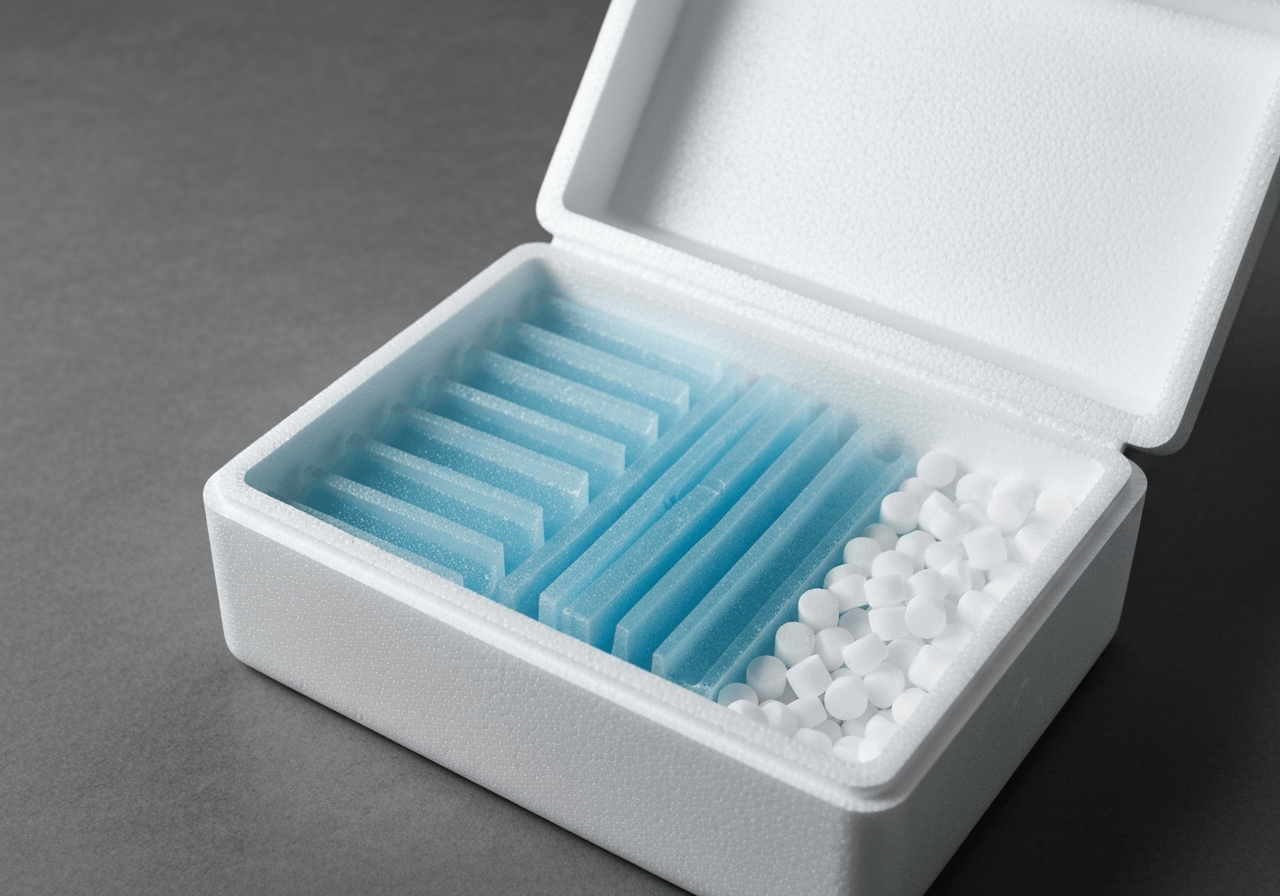 High-end editorial photography showing professional cold chain shipping supplies, open EPS polystyrene box filled with neatly arranged cooling gel packs and dry ice pellets, clean clinical background, soft natural studio light, 85mm lens, depth of field, premium quality, no text, no words, no letters
