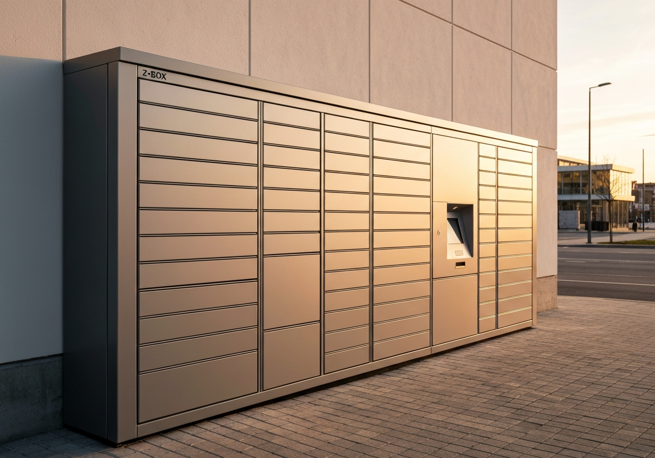 A sleek, modern Z-BOX automated parcel locker installed in a clean, minimalist urban environment, soft natural sunset light, editorial photography, 85mm lens, high resolution, no text, no words, no letters.