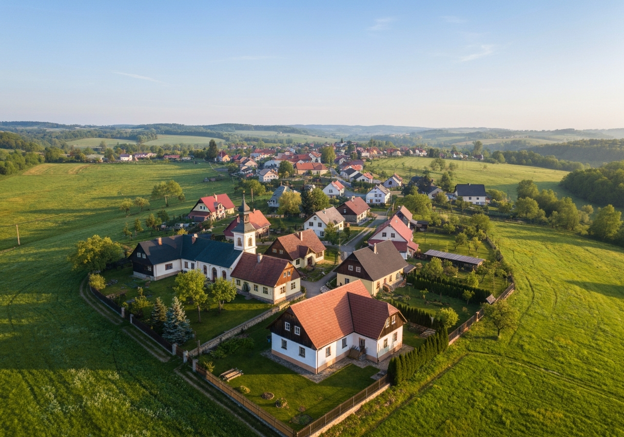 Aerial view of the picturesque village of Velká Polom nestled in the rolling landscape of the Moravian-Silesian region, vibrant green meadows and rustic architecture, soft morning light, editorial photography style, 85mm lens, high resolution, no text, no letters