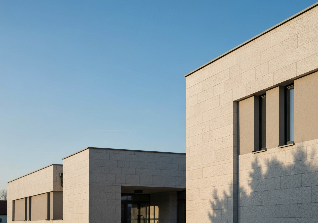 A professional, minimalist view of a modern municipal office building exterior in a quiet Czech village, clear blue sky, focus on architectural stone details, editorial photography, soft natural morning light, 85mm lens, no text, no words, no letters