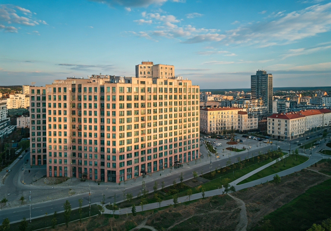 Aerial view of the modern district of Stary Liskovec in Brno, vibrant urban landscape with clean architecture, soft natural sunlight, professional editorial photography, 85mm lens, high resolution, no text, no letters