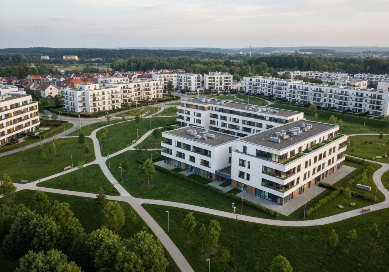 Aerial view of a modern residential area in Brno Stary Liskovec, clean architecture blended with green parks and walking paths, soft natural morning light, editorial photography, 85mm lens, high quality, no text, no words, no letters